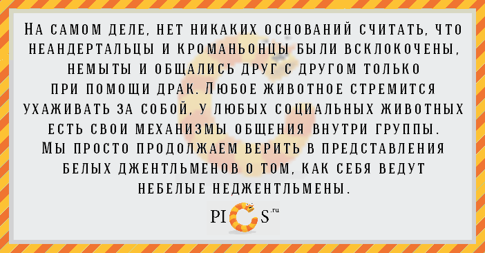 На самом деле, нет никаких оснований считать, что неандертальцы и кроманьонцы были всклокочены, немыты и общались друг с другом только при помощи драк. Любое животное стремится ухаживать за собой, у любых социальных животных есть свои механизмы общения внутри группы. Мы просто продолжаем верить в представления белых джентльменов о том, как себя ведут небелые неджентльмены.